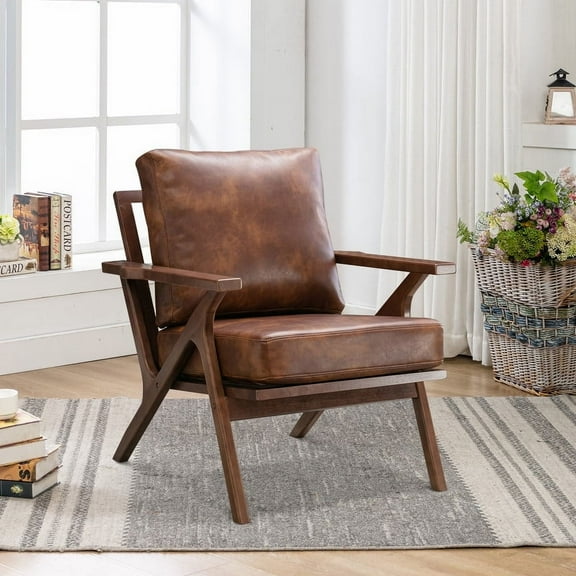 Bonzy Home Accent Armhair with Solid Wood Frame and Removable Cushions, Upholstered Leather,Vintage Brown
