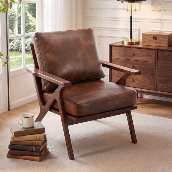 Ebello Mid-Century Modern PU Leather Accent Chair, Wood Frame Armchair with Removable Thick Padded Cushions for Living Room, Bedroom, Reception, Reddish Brown