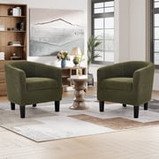 Bonzy Home Accent Barrel Chair Set of 2, Teddy Fleece Upholstered Club Chair with Armrest Small Reading Chair, for Living Room, Bedroom & Reception Room, Green