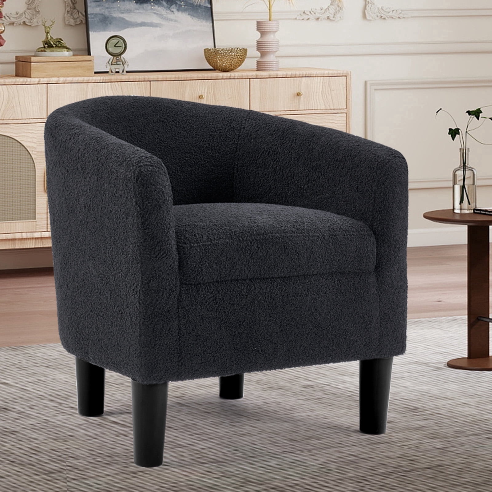 Bonzy Home Accent Barrel Chair, Teddy Fleece Upholstered Club Chair with Armrest Small Reading Chair, for Living Room, Bedroom & Reception Room, Black