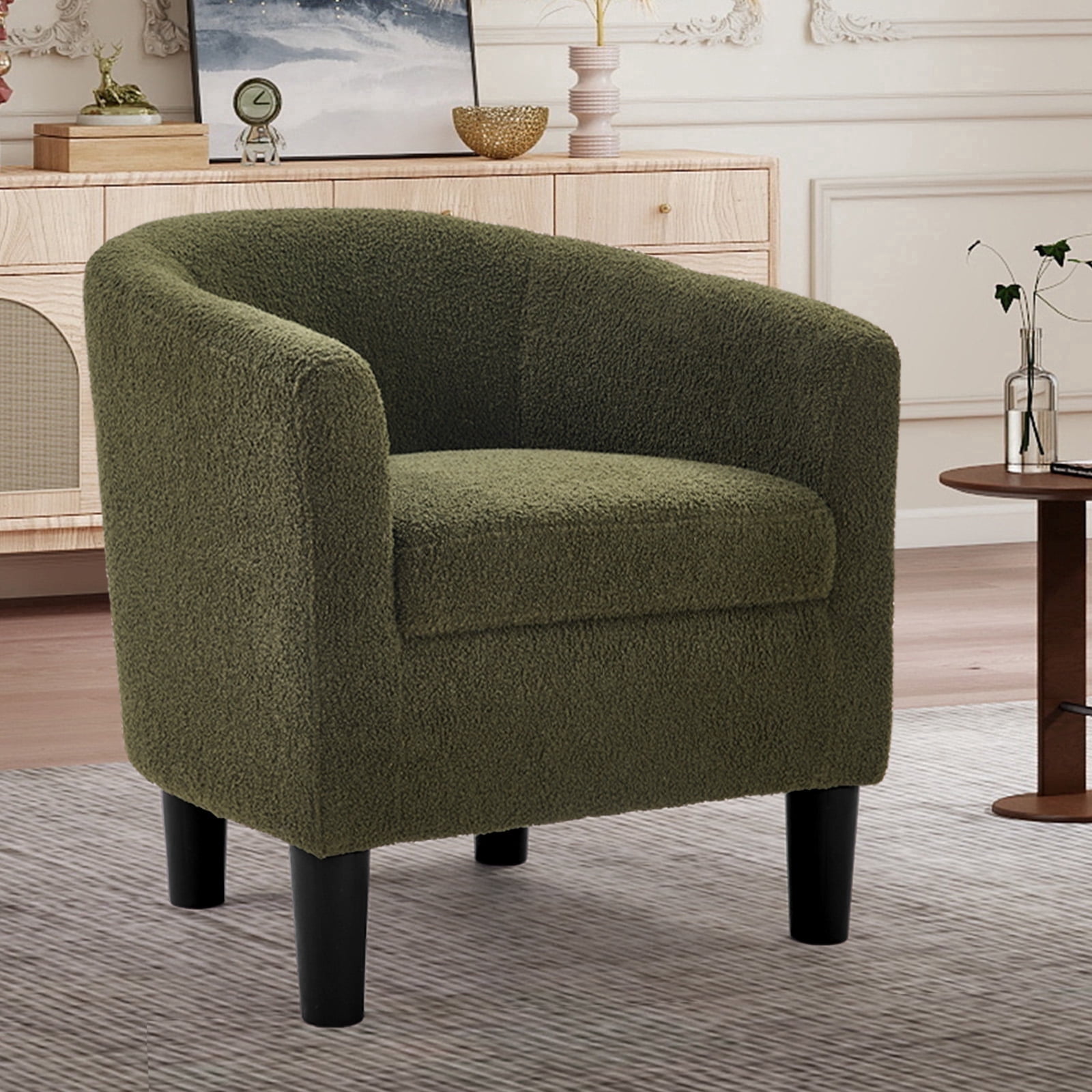Bonzy Home Accent Barrel Chair, Teddy Fleece Upholstered Club Chair with Armrest Small Reading Chair, for Living Room, Bedroom & Reception Room, Green