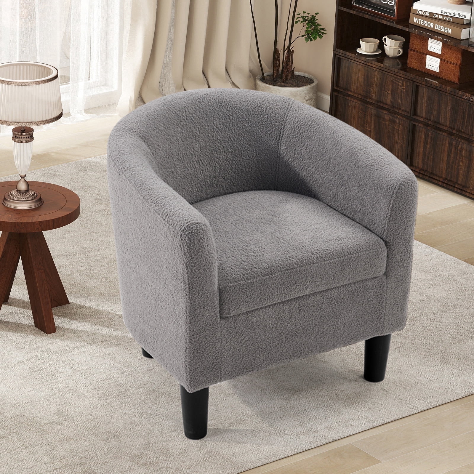 Bonzy Home Accent Barrel Chair, Teddy Fleece Upholstered Club Chair with Armrest Small Reading Chair, for Living Room, Bedroom & Reception Room, Gray