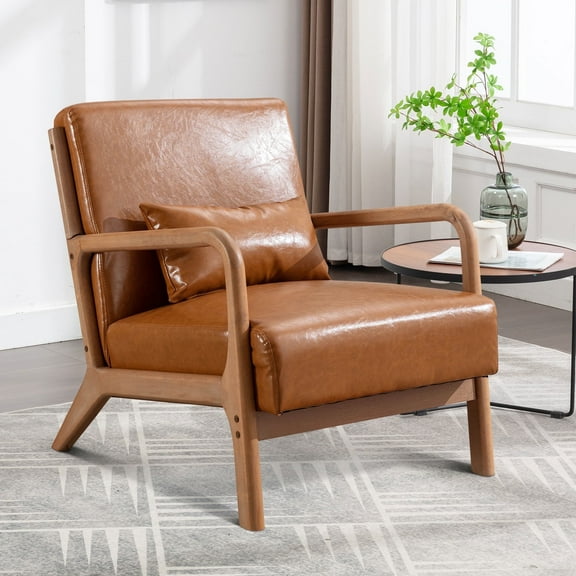 Bonzy Home Accent Chair Mid Century Modern Arm Chair, PU Leather Reading Armchair for Bedroom Living Room Office, Camel
