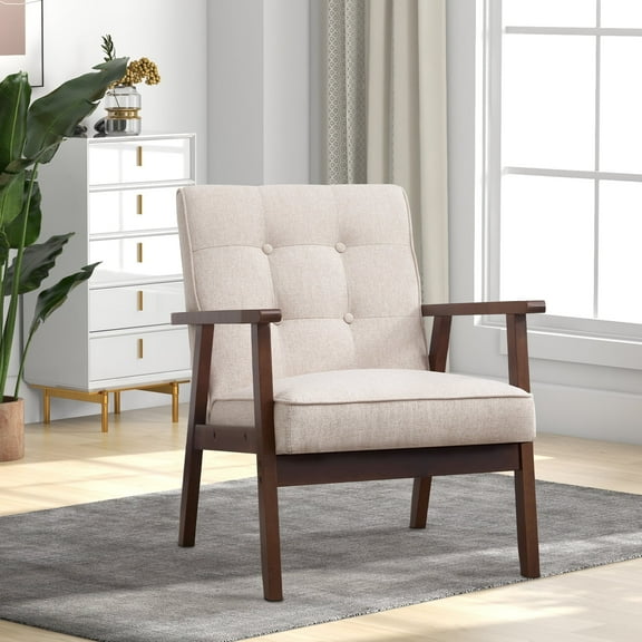Bonzy Home Accent Chair Mid Century Modern Upholstered Armchair with Wood Frame for Living Room Bedroom Study Room, Easy Assembly, Beige