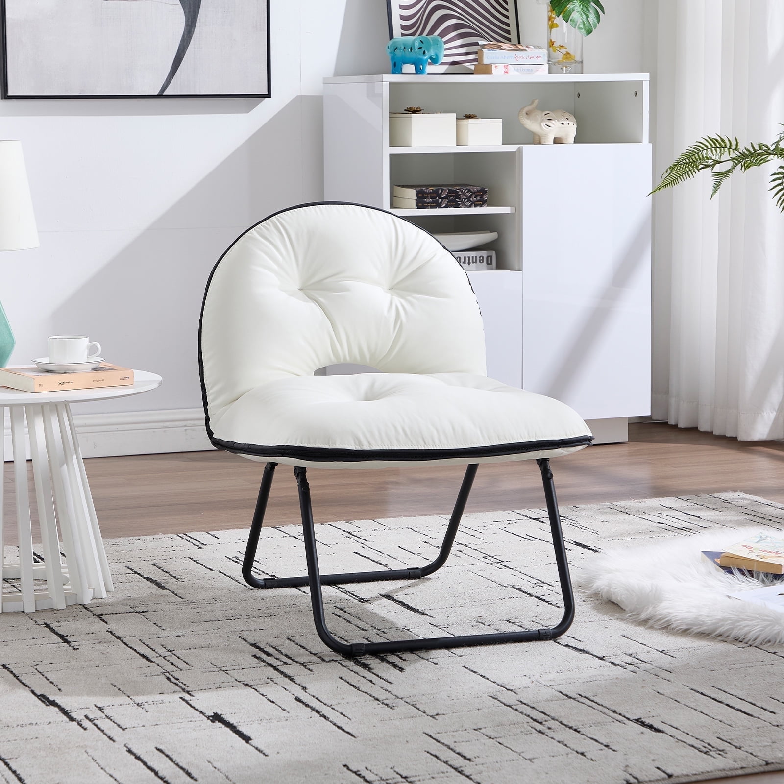 Bonzy Home Accent Chair for Living Room Upholstered Metal Framed Portable Chair Picnic White