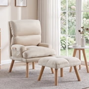 Ebello Adjustable Backrest Accent Chair, Modern Velvet Lounge Chair with Ottoman & Side Pockets for Living Room Bedroom, Beige