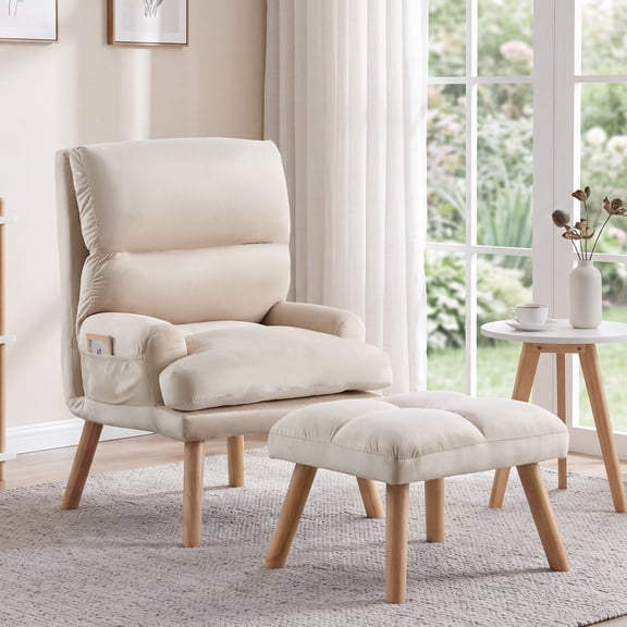 Ebello Adjustable Backrest Accent Chair, Modern Velvet Lounge Chair with Ottoman & Side Pockets for Living Room Bedroom, Beige