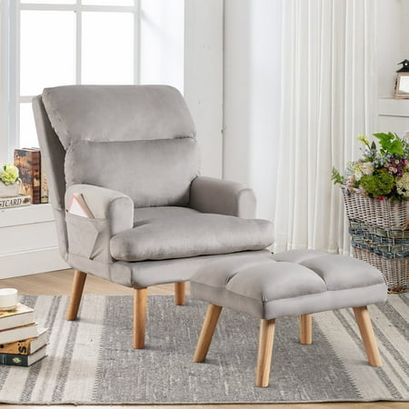 Bonzy Home Accent Chair with Ottoman, Adjustable Backrest Seat,Velvet Fabric Chair for All Age,Gray