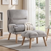 Ebello Adjustable Backrest Accent Chair, Modern Velvet Lounge Chair with Ottoman & Side Pockets for Living Room Bedroom, Gray