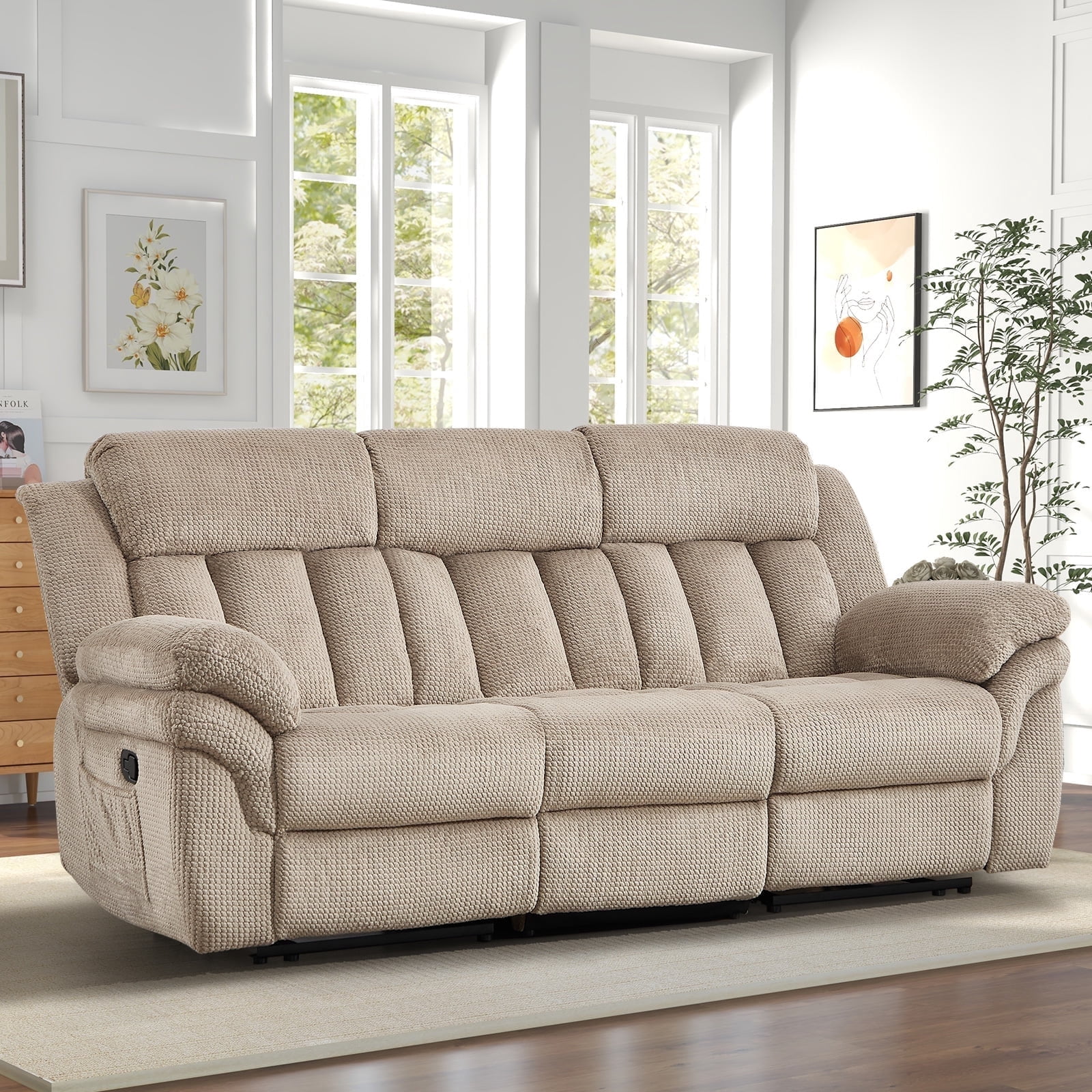 Bonzy Home Adjustable Backrest Manual Recliner Sofa Set Reclining Chair 3 Seats Theater Seating Living Room Sets Camel