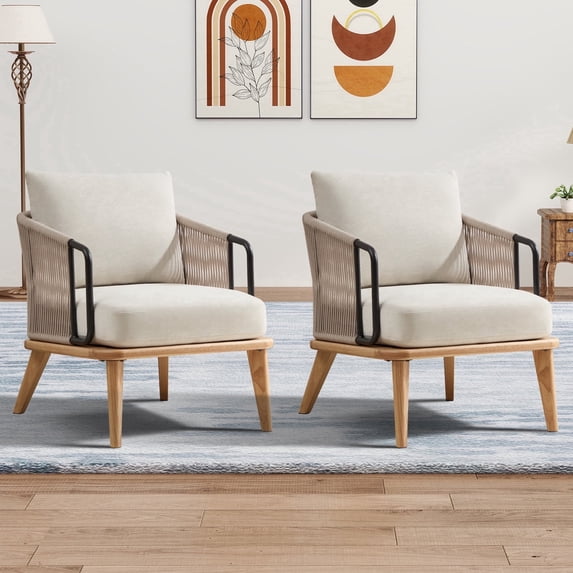 Bonzy Home Braid Accent Chair, Mid-Century Modern Armchair with Metal Armrests & Wood Frame, Braided Backrest for Living Room, Bedroom
