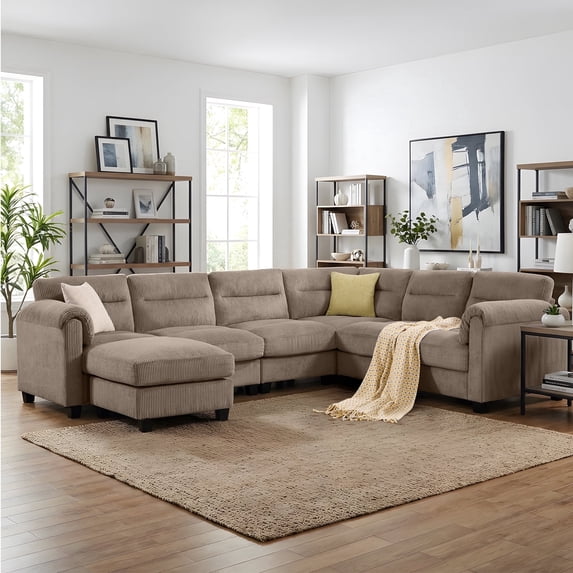 Bonzy Home Convertible Modular Padded Sectional Sofa Couch with Foam Frame & Ottoman for Living Room - Brown