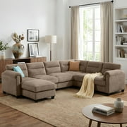 Bonzy Home Convertible Modular Padded Sectional Sofa Couch with Foam Frame & Ottoman for Living Room - Brown