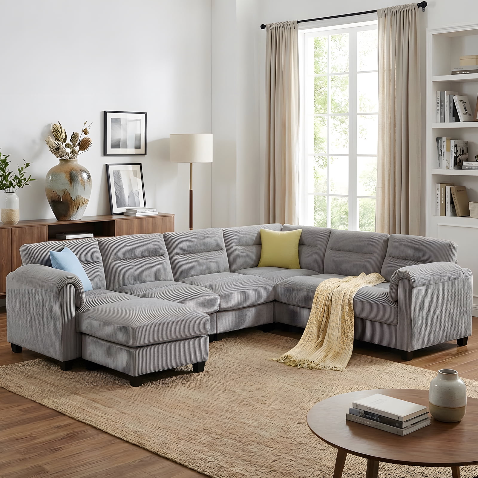 Bonzy Home Modular Plush Convertible Sectional Sofa with Ottoman, Gray
