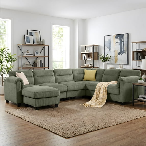 Bonzy Home Convertible Sectional Sofa Couch for Living Room With Ottoman Green
