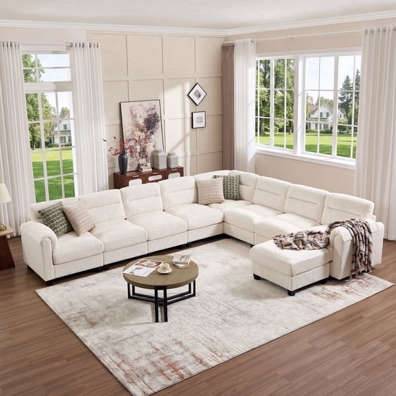 Bonzy Home Convertible Sectional Sofa Modular Sofa with Ottoman, Freely Combinable Configurable Couch for Living Room Oat
