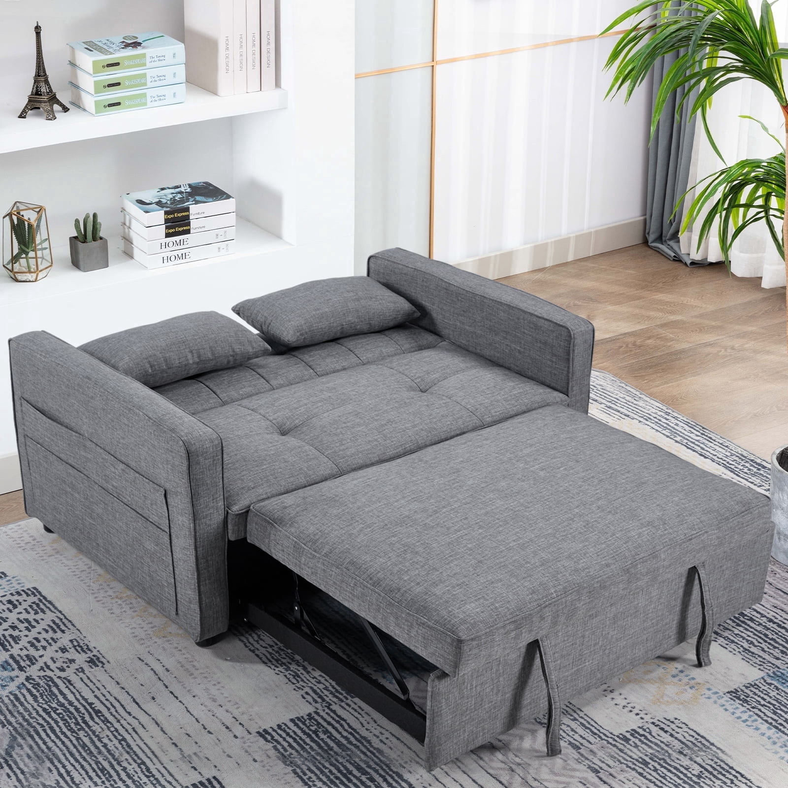 Bonzy Home Folding Convertible Loveseat Sofa Bed, Gray - 3-in-1 Pull Out Couch with Adjustable Backrest, Multi-Functional Sleeper Sofa for Living Room, Apartment, Small Space
