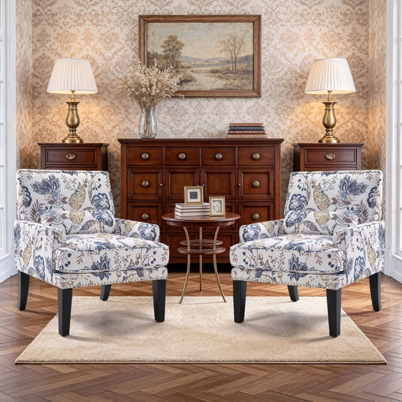 Bonzy Home Modern Floral Print Accent Chair with Arms and Wooden Legs, 2-Pack Mid‑Century High‑Back Wing Chair with Padded Armrests & Cushioned Seat for Living Room, Blue Yellow Floral