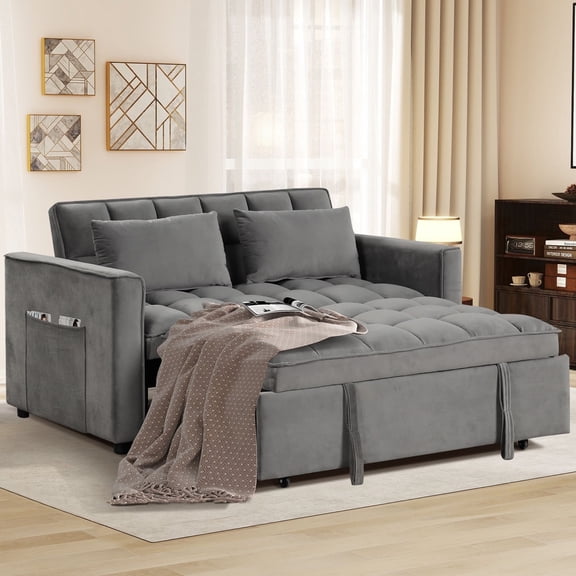 Bonzy Home Convertible Sofa Bed Versatile Velvet Sofa Pullout Bed,55 Inch Couch Adjustable Backrest,Gray