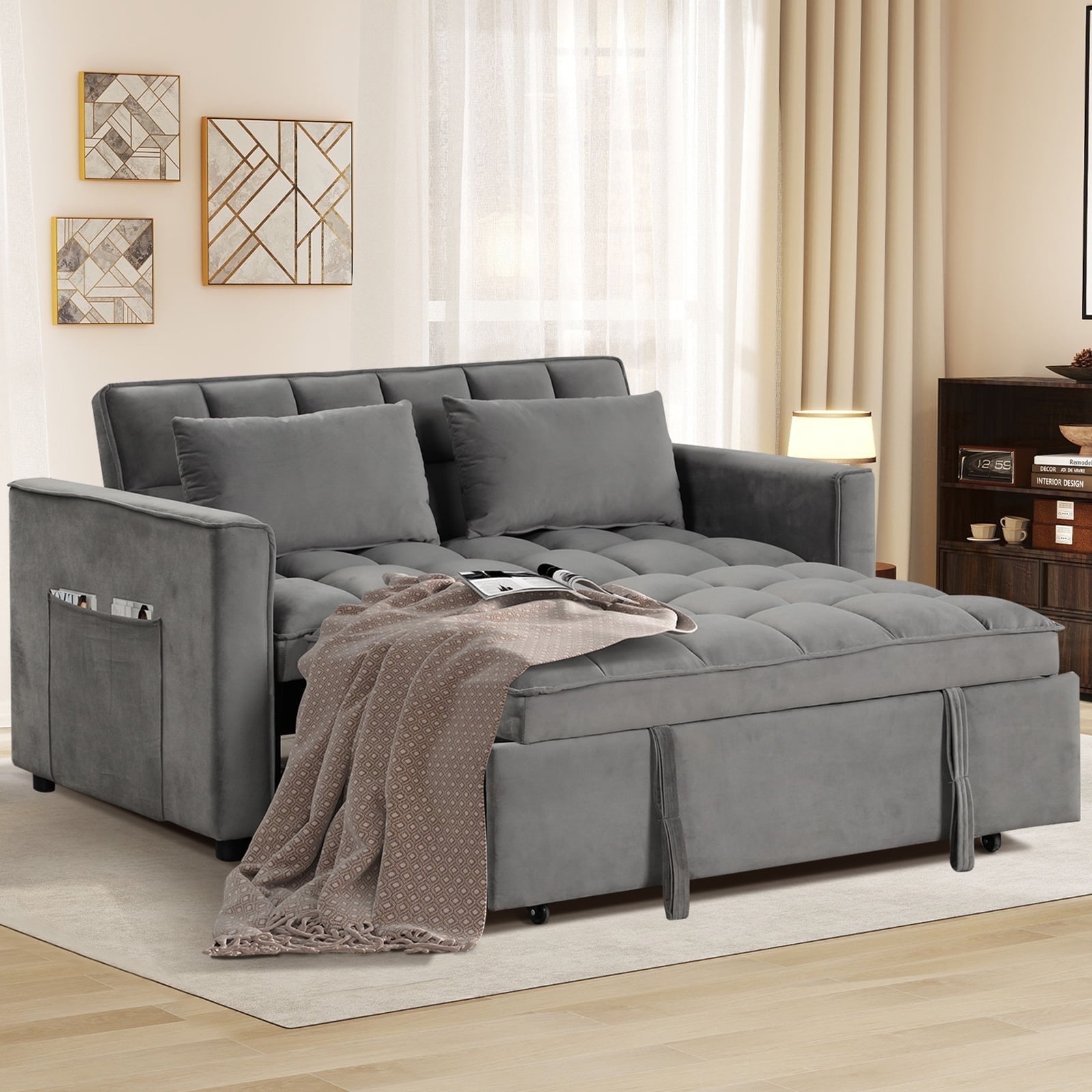 Bonzy Home Convertible Sofa Bed Versatile Velvet Sofa Pullout Bed 55 Velvet Sleeper Loveseat Black
