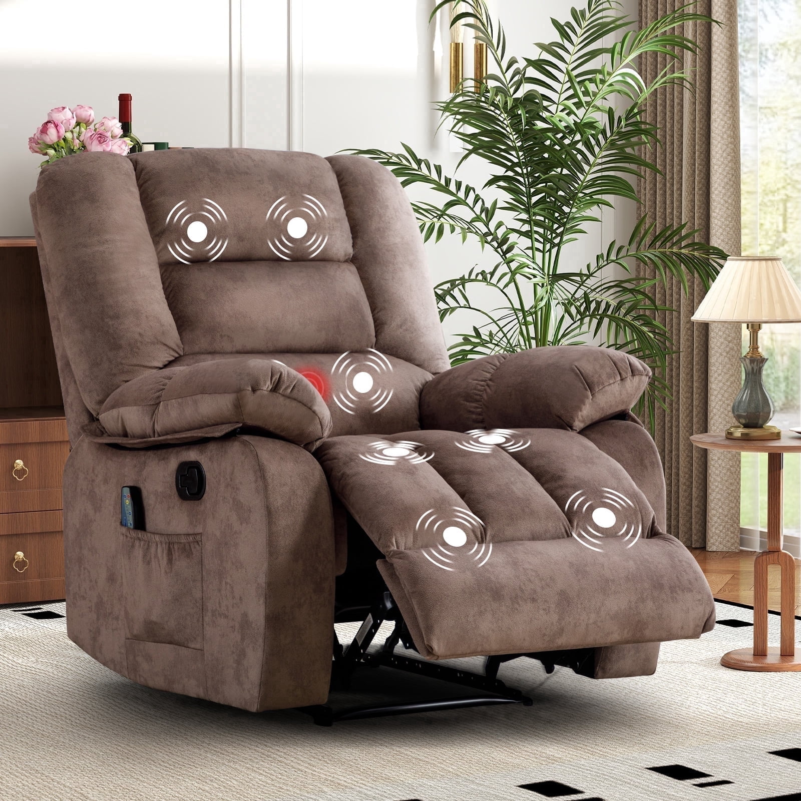 Ebello 36'' Massage Recliner Chair with Heat and Vibration  Soft Fabric  Manual Reclining Chair for Living Room and Bedroom  Camel