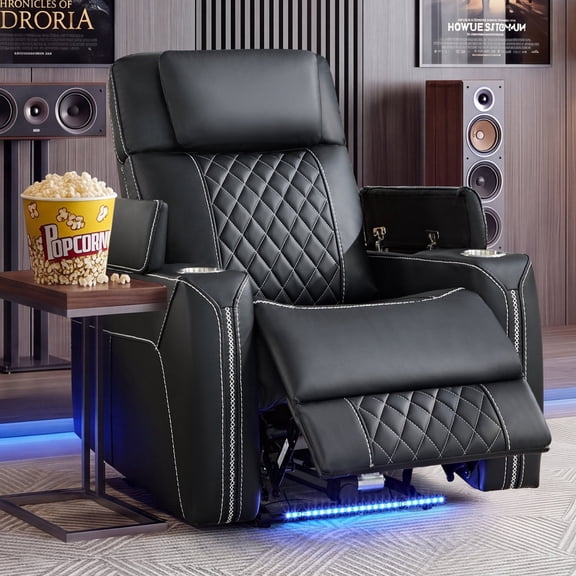 Bonzy Home Electric Power Recliner Chair with Adjustable Headrest, Faux Leather Home Theater Seating with USB Charging Port, LED Lighting, Cup Holders & Hidden Arm Storage, Black