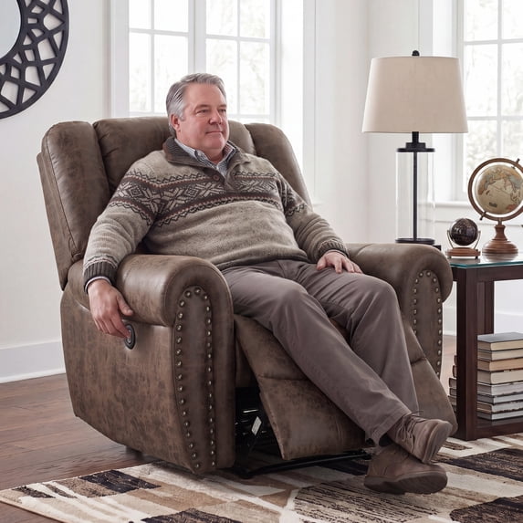 Bonzy Home Electric Power Recliner Chair, Modern Reclining Chair with Rivet Trim & USB Port, Classic Home Theater Seating Single Sofa Recliner, Brown