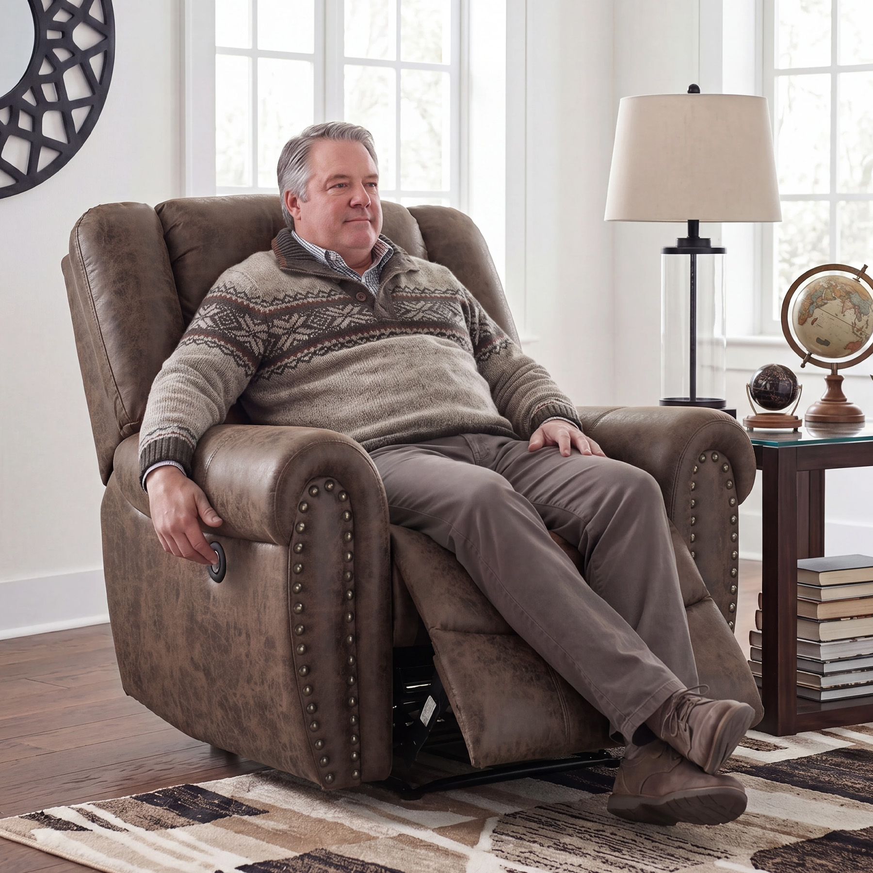 Bonzy Home Electric Power Recliner Chair, Modern Reclining Chair with Rivet Trim & USB Port, Classic Home Theater Seating Single Sofa Recliner, Brown