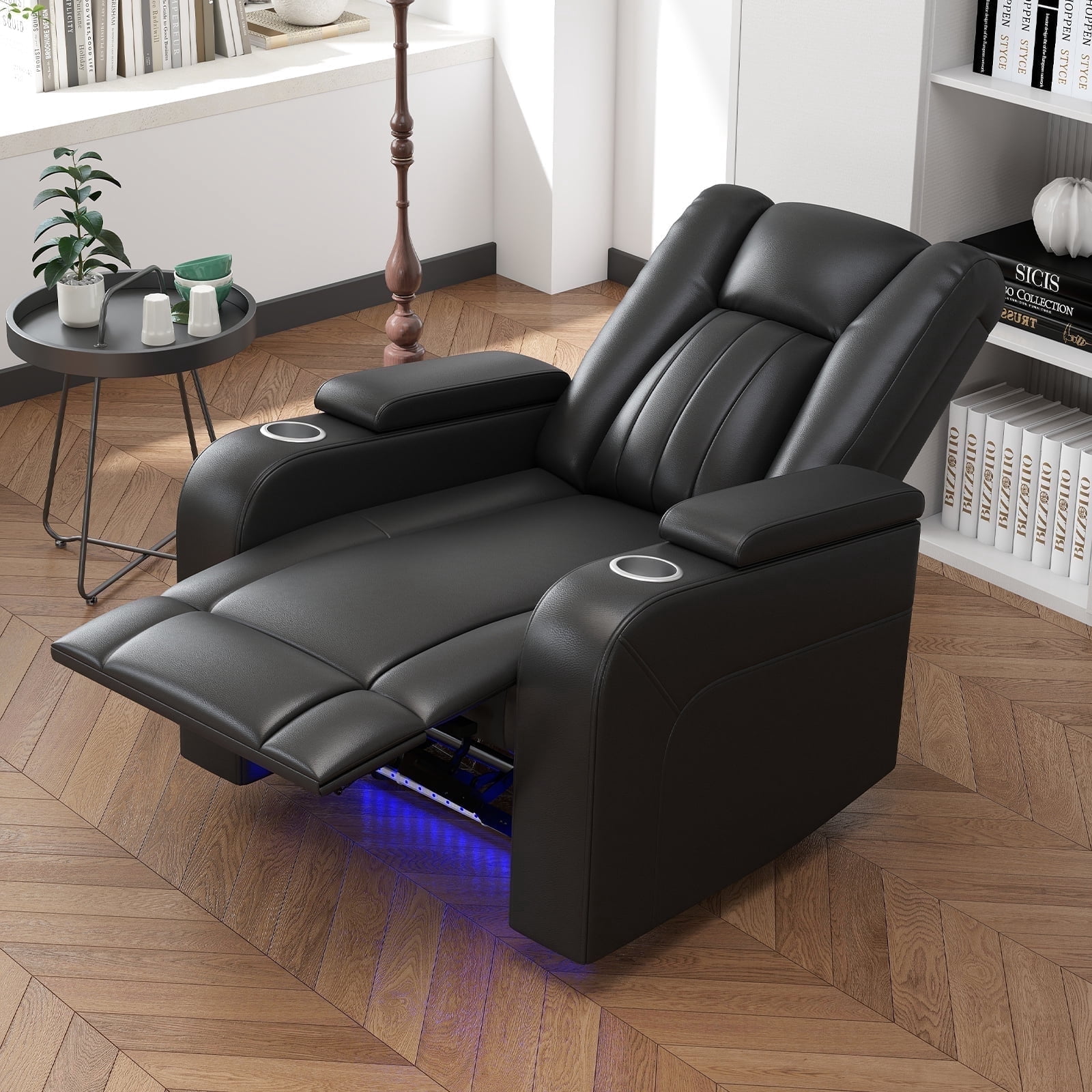 Bonzy Home Electric Power Recliner Chair, Breathable Leather, LED Light, USB Ports, Cup Holders, Hidden Storage, Home Theater Seating