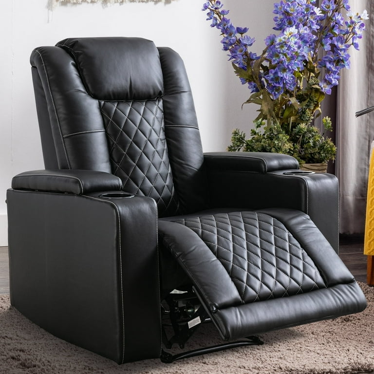 Bonzy Home Electric Power Recliner Chair Soft Air Breathable Leather Reclining for Adults with USB Ports and Cup Holders Black Home Theater Seating