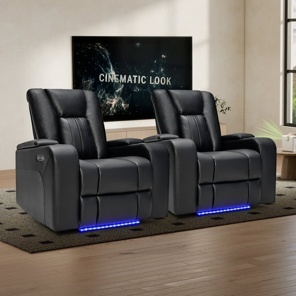 Bonzy Home Electric Power Recliner Chairs Set of 2 LED Light Breathable Leather USB Ports and Cup Holders Home Theater Seating with Hidden Arm Storage Movie & Media Room Chairs