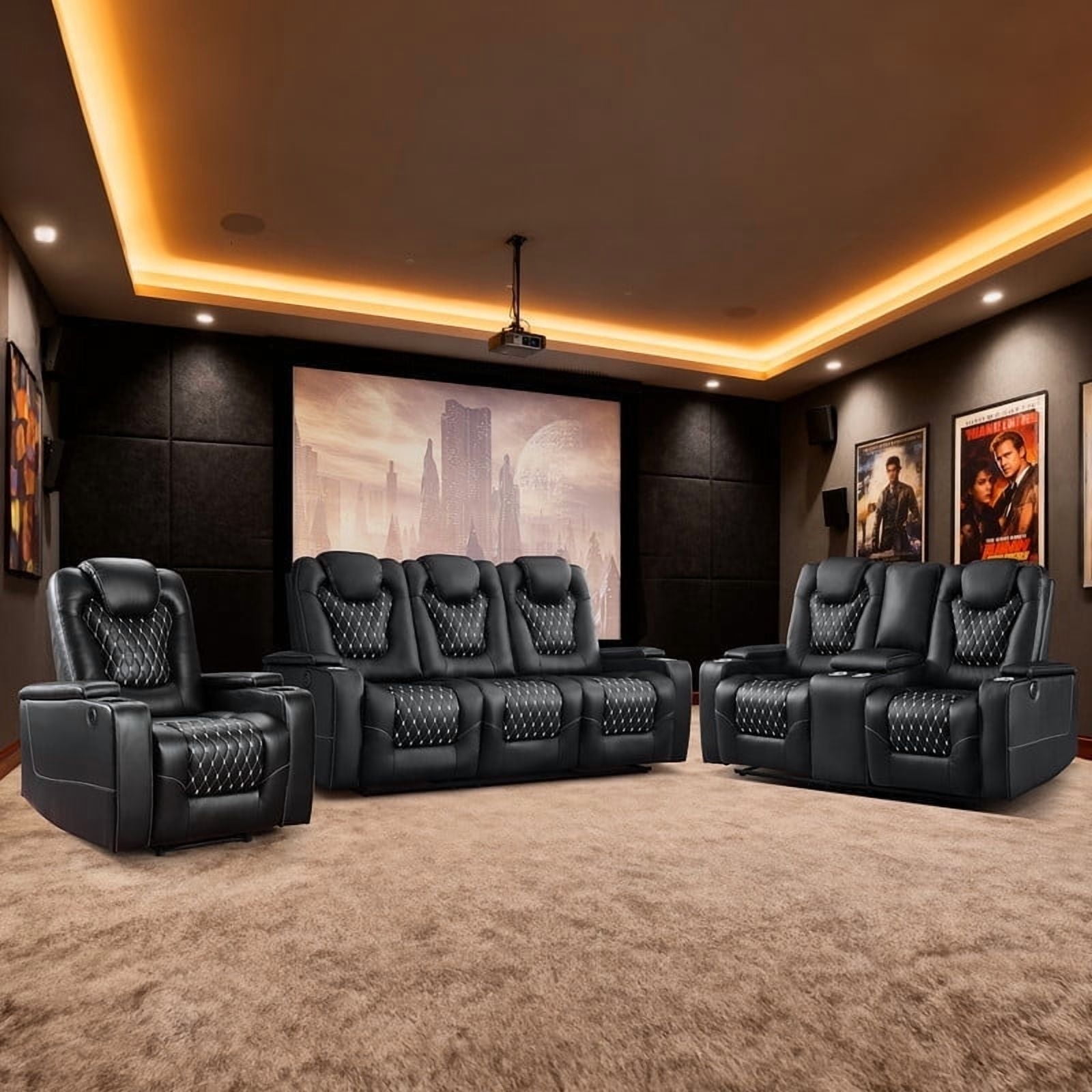 Bonzy Home Electric Power Recliner Chairs Sofa Set Theater Seating with Console Living Room Furniture Set, Cup Holders, Hidden Arm Storage, USB Ports Black