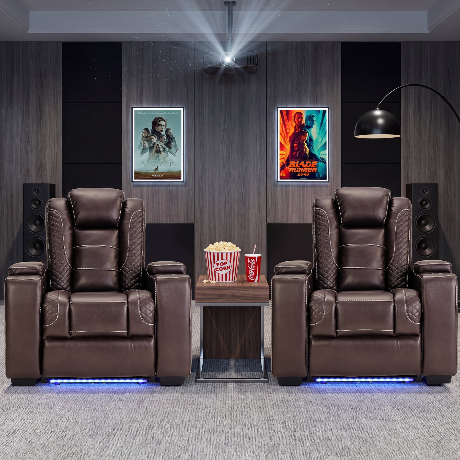 Bonzy Home Electric Recliner Set of 2 LED Lighting USB Ports and Cup Holders Home Theater Seating Reclining Chair Adjustable Headrest with Hidden Arm Storage, Brown