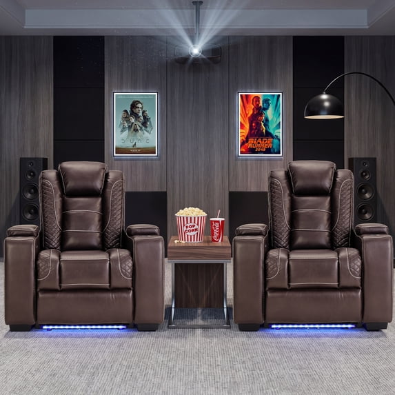 Bonzy Home Electric Recliner Set of 2 LED Lighting USB Ports and Cup Holders Home Theater Seating Reclining Chair Adjustable Headrest with Hidden Arm Storage, Brown