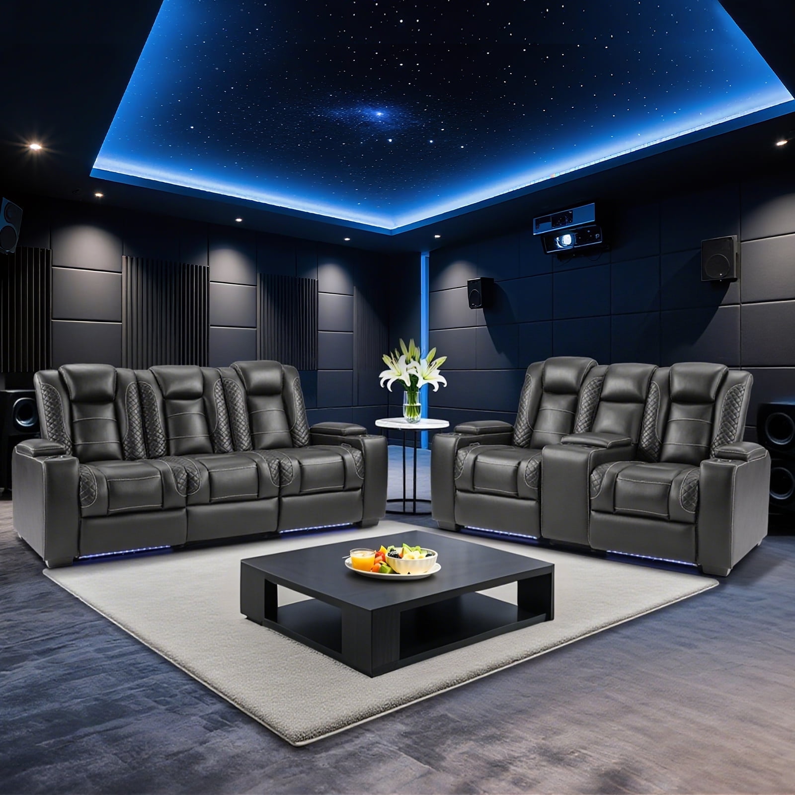 Bonzy Home Electric Power Recliner Sofa Set — PU Leather Power Loveseat & 3-Seat Reclining Sofa with Cup Holders, USB Ports, Hidden Arm Storage, LED Lights & Adjustable Headrests, Black