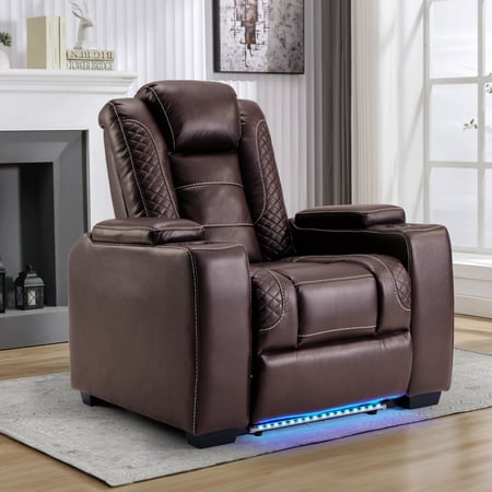 Bonzy Home Electric Power Recliner USB Ports and Cup Holders LED Lighting Home Theater Seating Reclining Chair Adjustable Headrest with Hidden Arm Storage, Brown