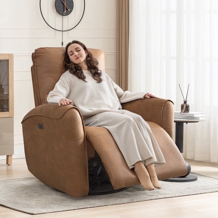 Bonzy Home Electric Power Swivel Recliner USB Ports Adjustable Backrest Reclining Chair with lumbar support pillow Suede Fabric, Brown