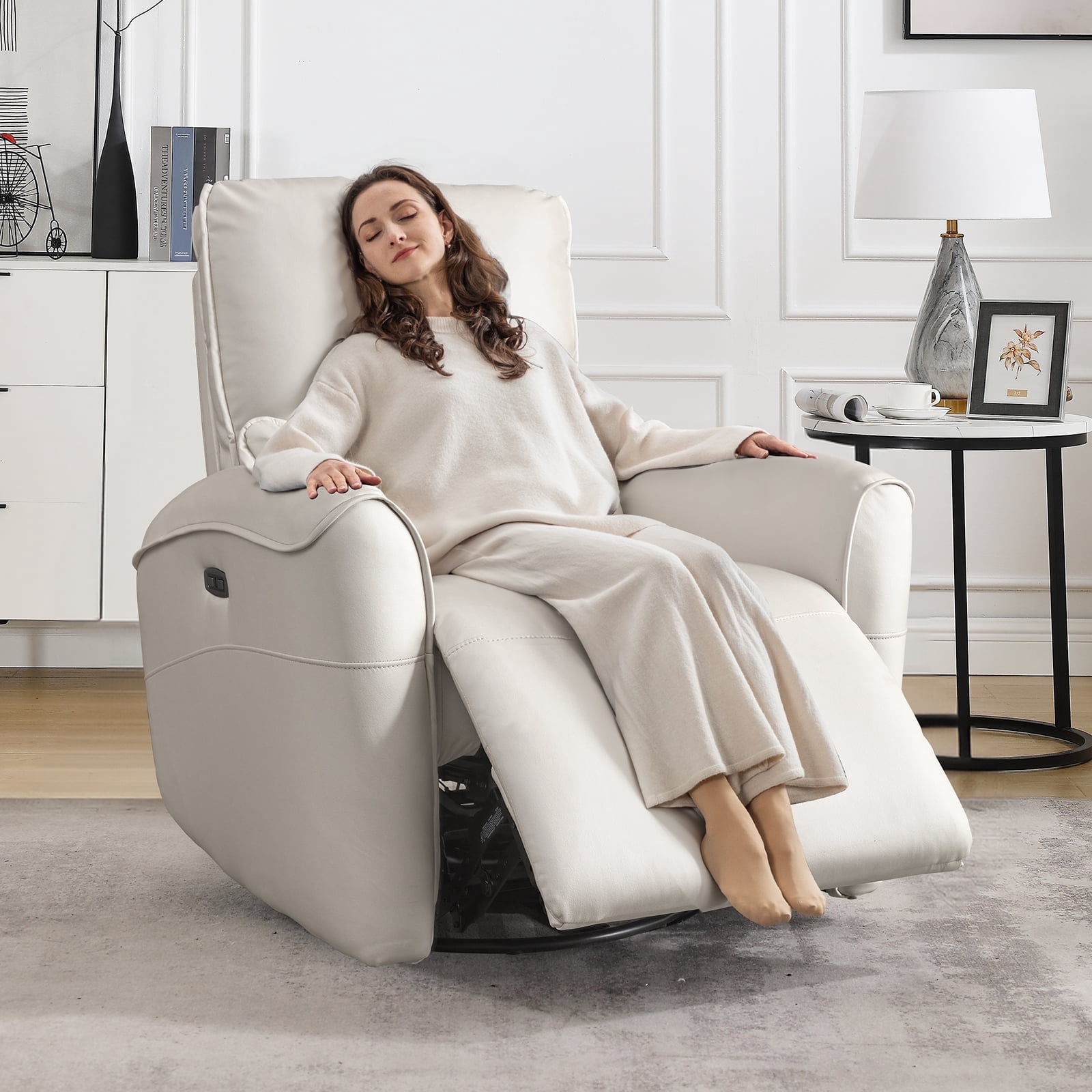 Bonzy Home Electric Power Swivel Recliner USB Ports Adjustable Backrest Reclining Chair with lumbar support pillow for Living Room Suede Fabric