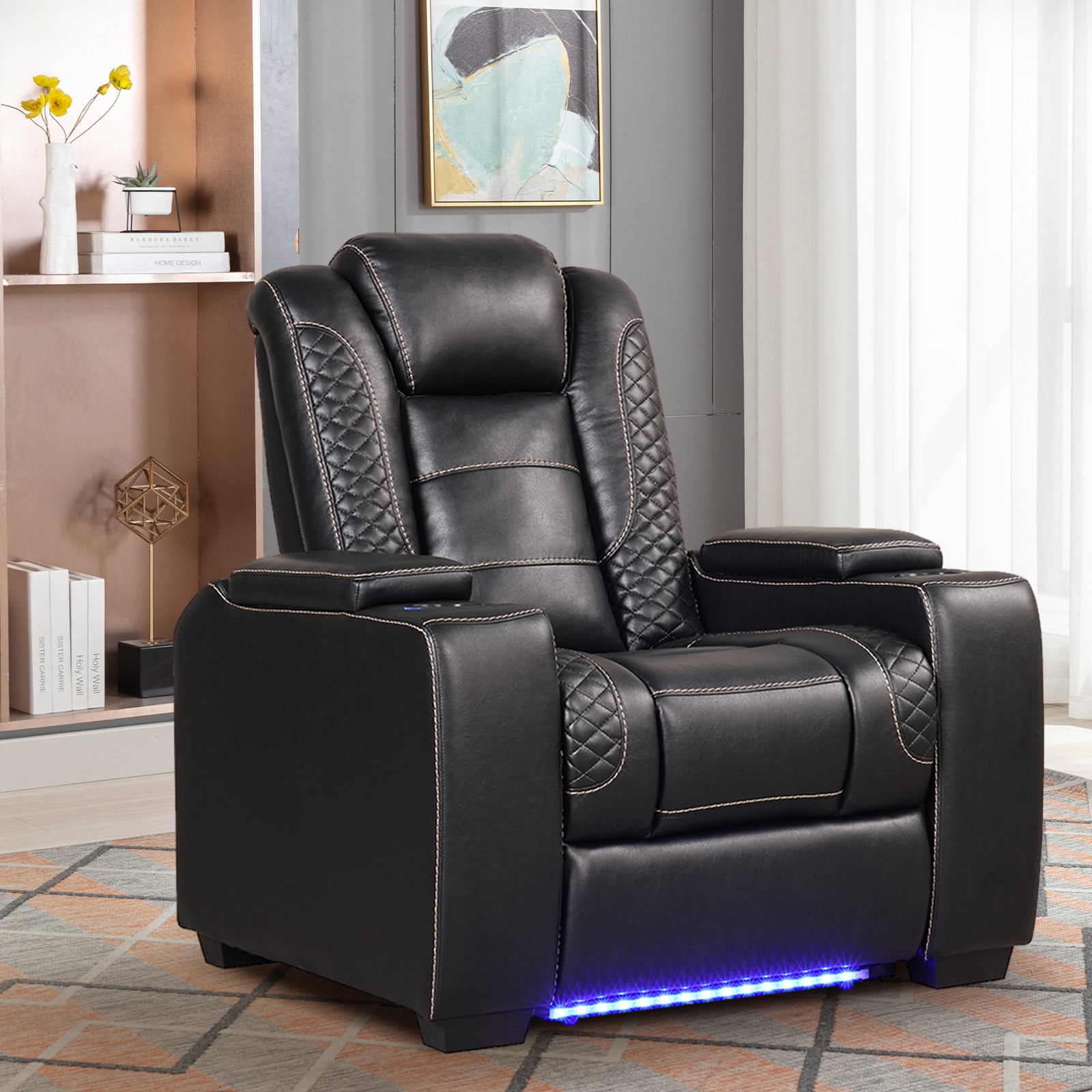 Bonzy Home Power Controlled Electric Recliner with Adjustable Headrest & LED Lighting, USB Ports Cup Holders, Home Theater Seating Reclining Chair, Black