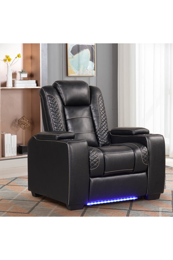 Power Controlled Electric Recliner with Adjustable Headrest & LED Lighting, USB Ports Cup Holders, Home Theater Seating Reclining Chair, Black