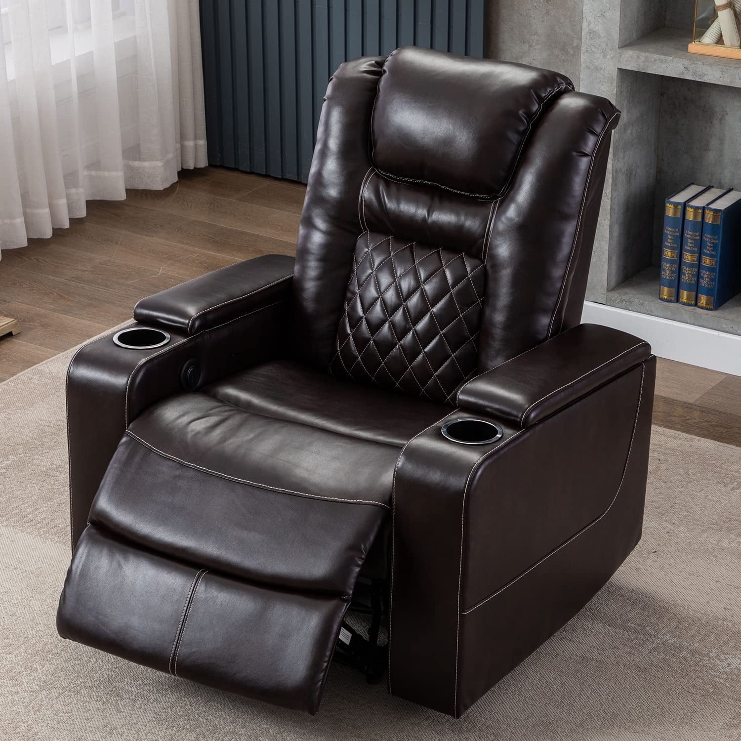 Bonzy Home Electric Recliner Chair, Leather Home Theater Seating, Living Room Chair with USB Ports and Cup Holders Brown