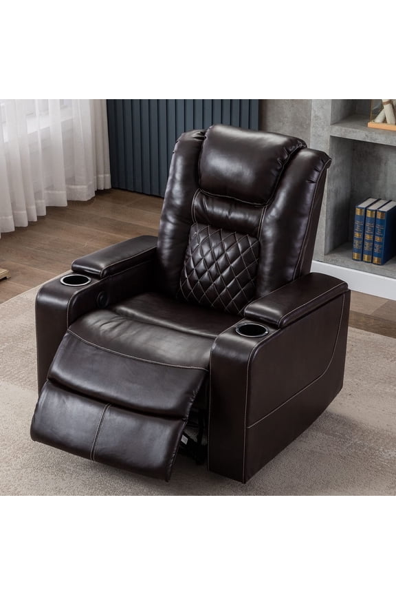 Electric Recliner Chair, Leather Home Theater Seating, Living Room Chair with USB Ports and Cup Holders Brown