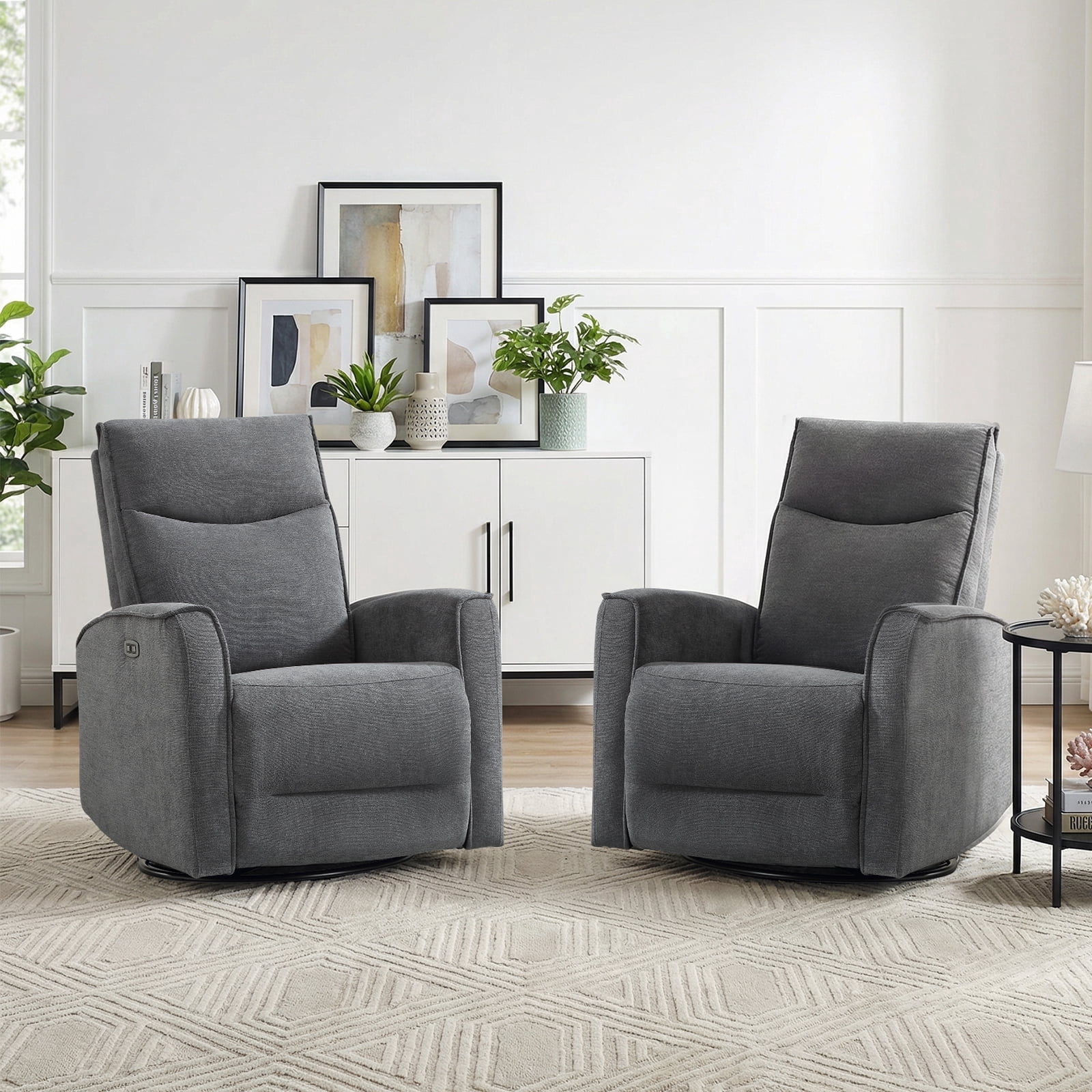 Bonzy Home Electric Recliner Chair Set of 2, 270° Swivel Recliner Fabric Living Room Sofa Chair with USB Ports, Gray