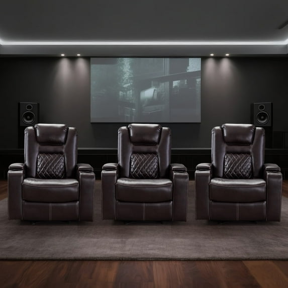 Bonzy Home Electric Recliner Chair Set of 3, Leather Home Theater Seating, Living Room Chair with USB Ports and Cup Holders Brown