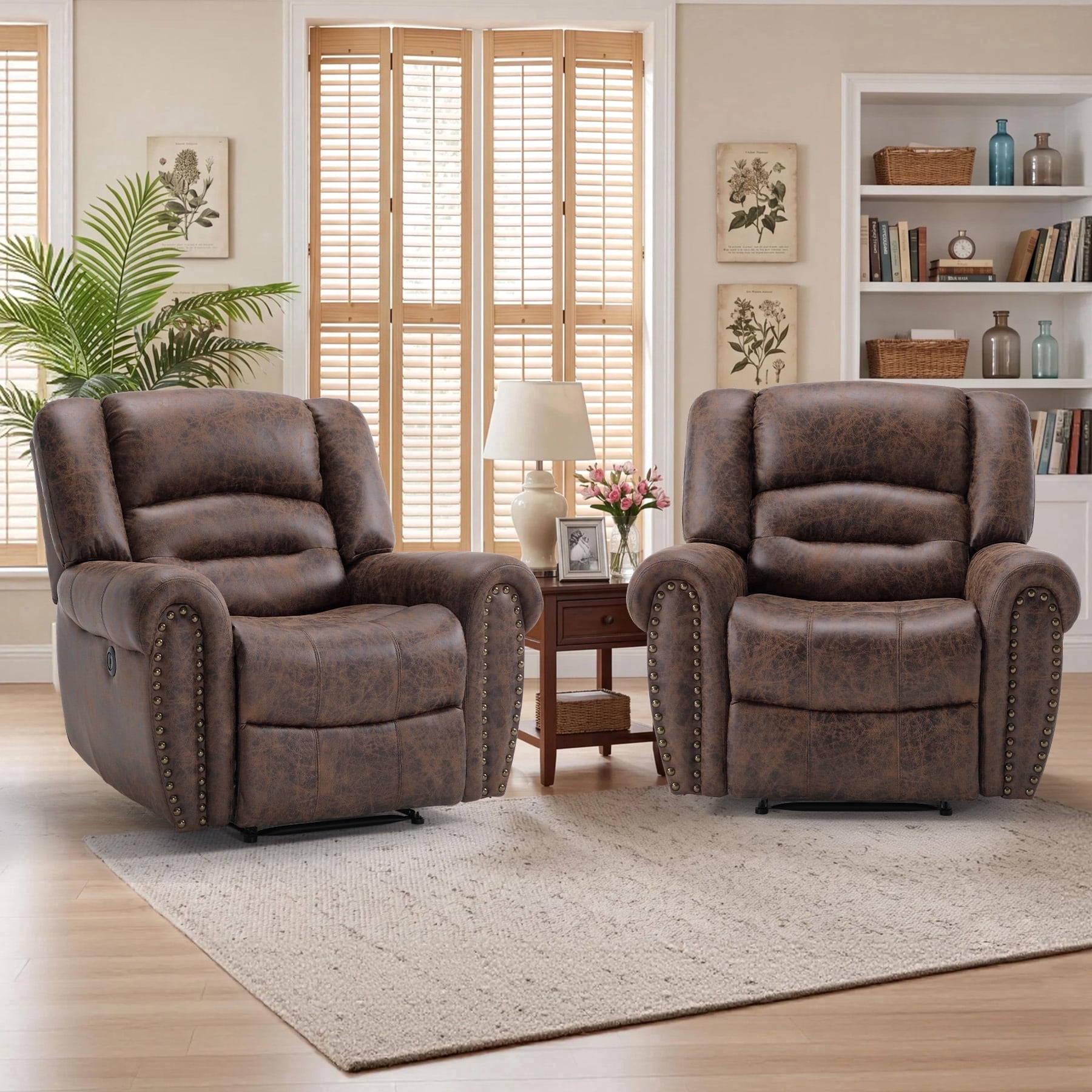 Bonzy Home Electric Power Recliner Chair Set of 2, Modern Reclining Chair with Rivet Trim & USB Port, Classic Single Sofa Home Theater Recliner Seating, Brown