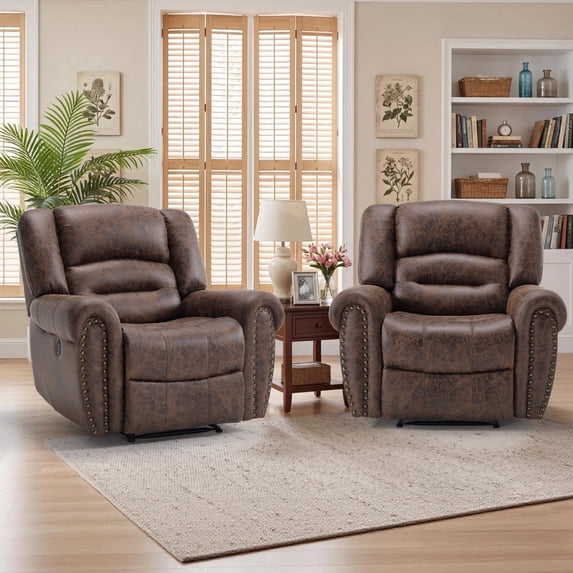 Bonzy Home Electric Power Recliner Chair Set of 2, Modern Reclining Chair with Rivet Trim & USB Port, Classic Single Sofa Home Theater Recliner Seating, Brown