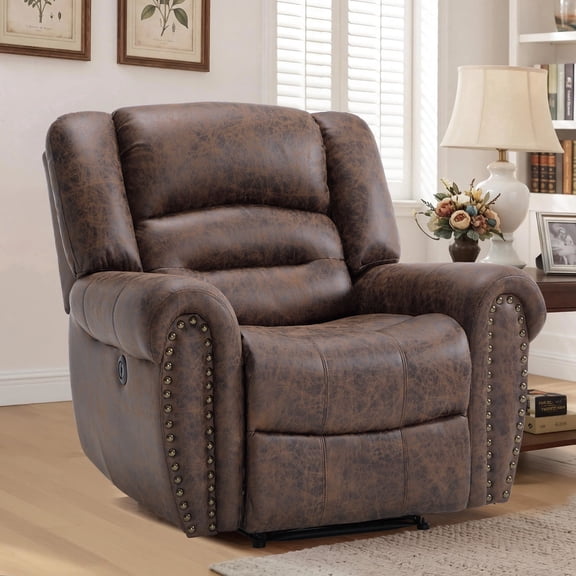 Bonzy Home Electric Power Recliner Chair, Modern Reclining Chair with Rivet Trim & USB Port, Classic Single Sofa Home Theater Recliner Seating, Brown