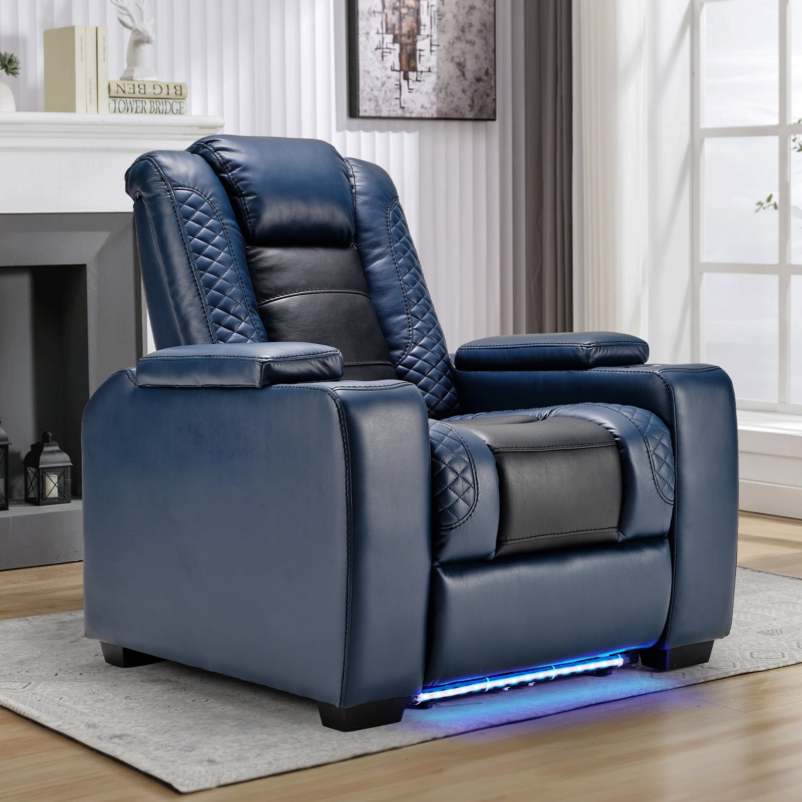 Bonzy Home Electric Recliner Chair with LED Lighting, Adjustable Headrest, USB Ports & Cup Holders, Hidden Arm Storage, Home Theater Seating Reclining Chair, Blue