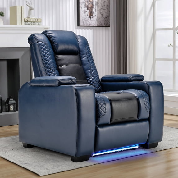 Bonzy Home Electric Recliner Chair with LED Lighting, Adjustable Headrest, USB Ports & Cup Holders, Hidden Arm Storage, Home Theater Seating Reclining Chair, Blue
