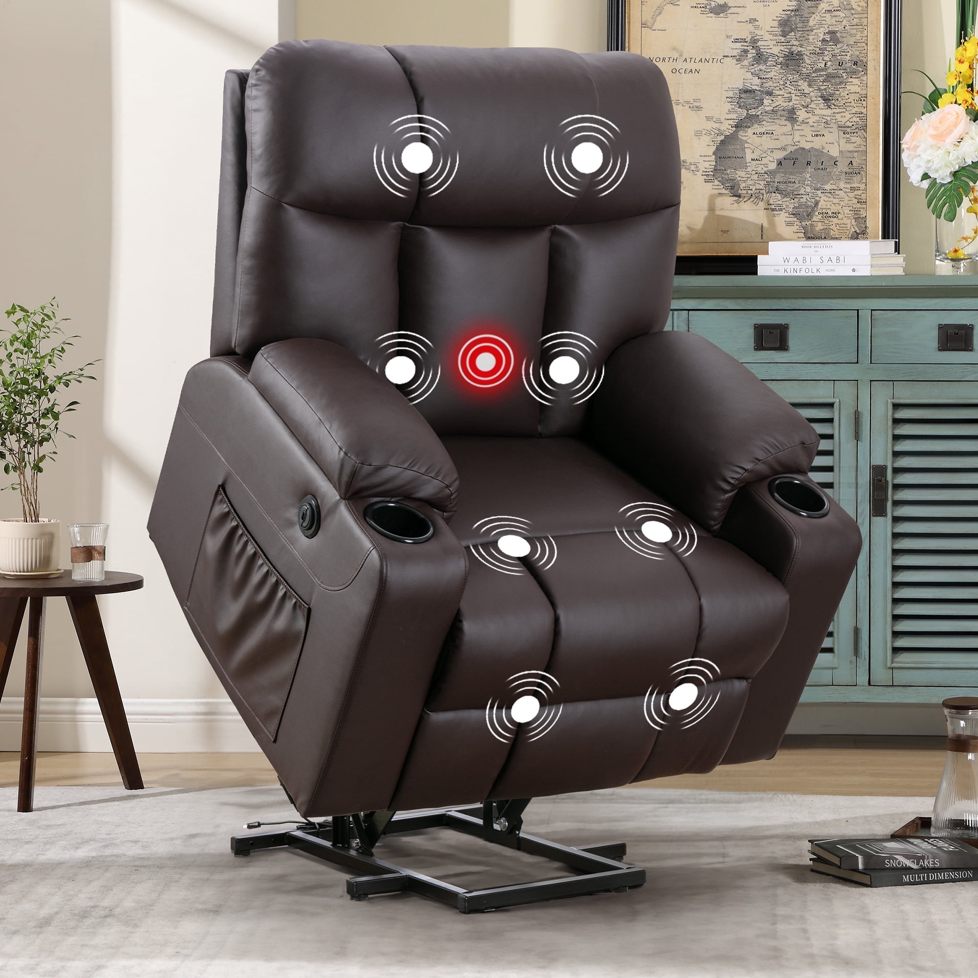 Bonzy Home Electric Recliner Living Room Heated Massage Lift Chair Recliner with Cup Holder and USB, Brown